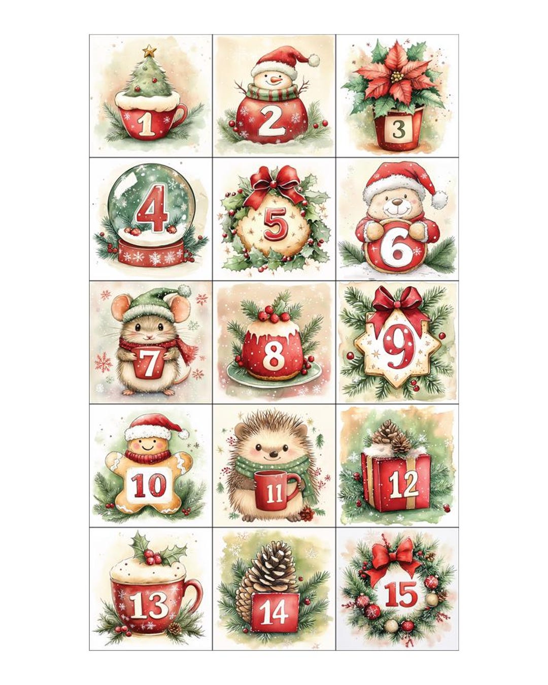 Printable Watercolor Retro DECEMBER DAILY NUMBERS. Advent Calendar ...