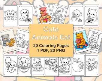 Printable Coloring Book. Cute Animals Eating Food. Coloring Pages. Colouring Book for Kids. PDF, PNG. Adorable Animals. @CuteCartoonStudio