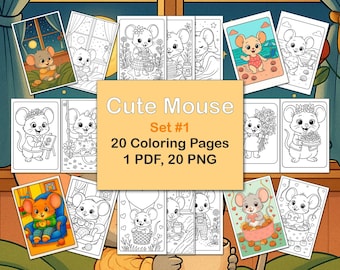 Cute Mouse Printable Coloring Book Set 1. Coloring Pages. Colouring Book for Kids. CuteCartoonStudio. PDF, PNG. Adorable Mouse Coloring Book