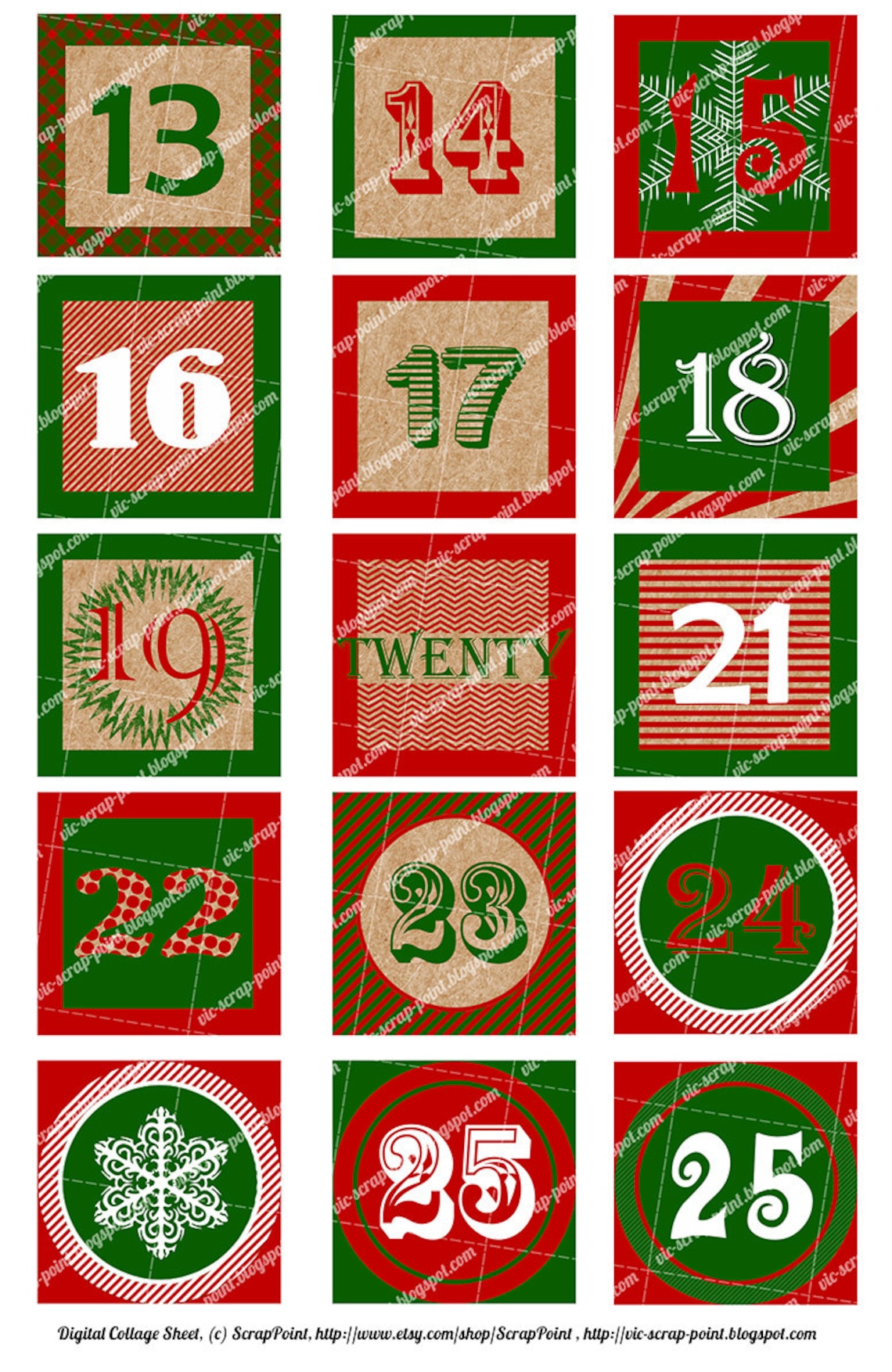 Printable DECEMBER DAILY NUMBERS 1, 1.5 and 2 Inch Squares Advent Calendar. Instant Download ...