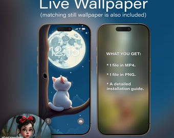 Live Wallpaper for Android Smartphones. Cute Cat and Moon #1. Animated Wallpaper for a Smartphone