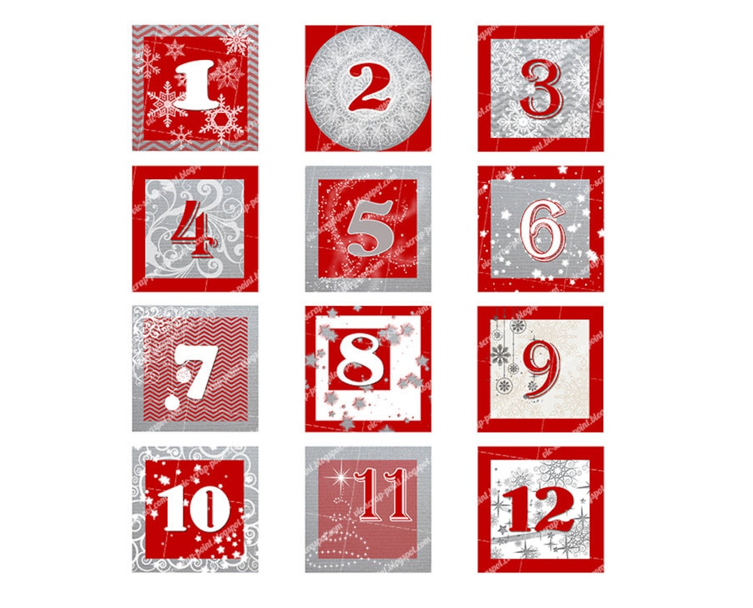 Printable DECEMBER DAILY NUMBERS Squares 3, 2, 1.5 or 1 Inch, Advent ...