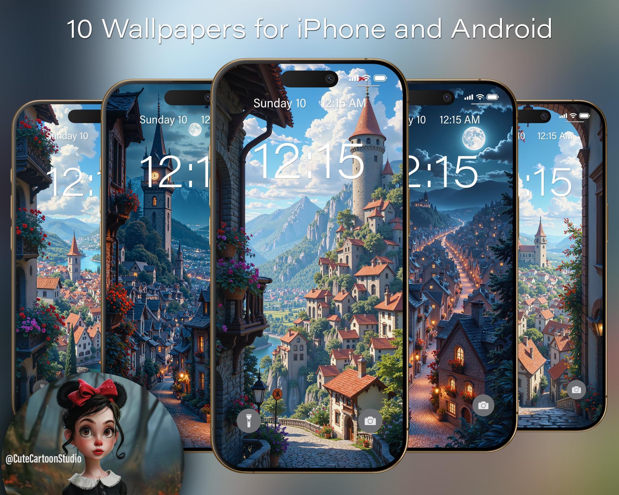 10 Medieval Town Cartoon Wallpapers for iPhone and Android Smartphones.  Summer Edition. Set #1, image size:2000x1600