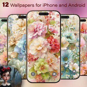 May include: A collection of floral wallpapers for iPhone and Android devices. The screens display colorful watercolor-style flower arrangements in shades of pink, peach, blue, and green. The text "12 Wallpapers for iPhone and Android" is at the top.