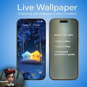 May include: Two smartphones displaying a live wallpaper with a blue and yellow star design. The text "Live Wallpaper" and "What You Get" are visible. Includes MP4, PNG files, and an installation guide.