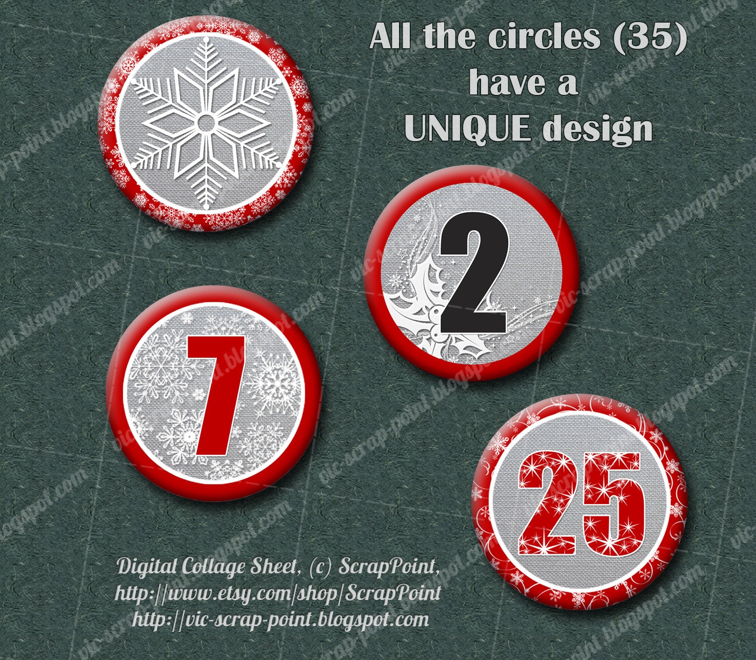 Printable DECEMBER DAILY NUMBERS: 2, 1.5 and 1 Inch Circles, Advent Calendar Rounds, Digital ...