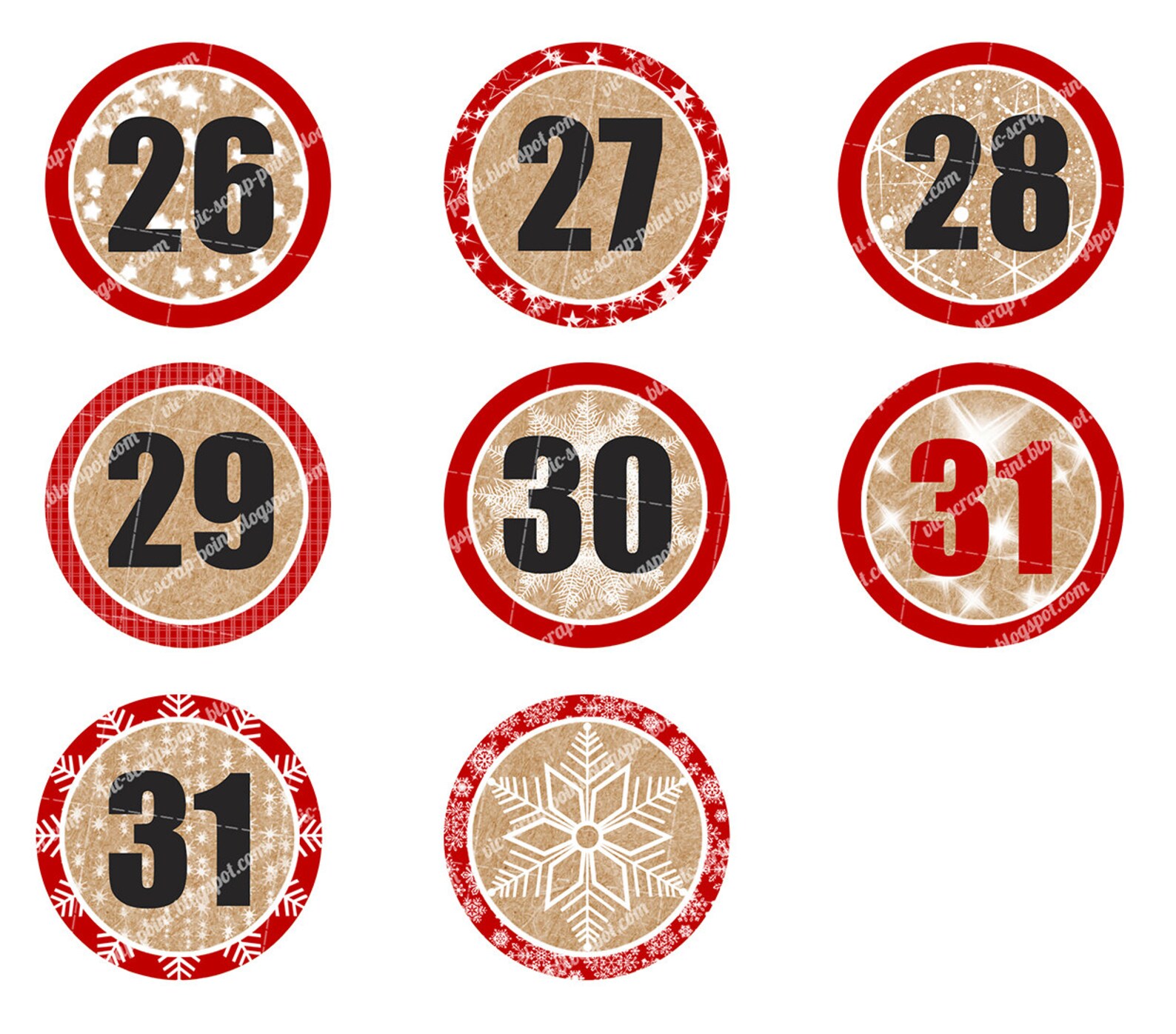 printable december daily numbers 1 and 2 inch circles