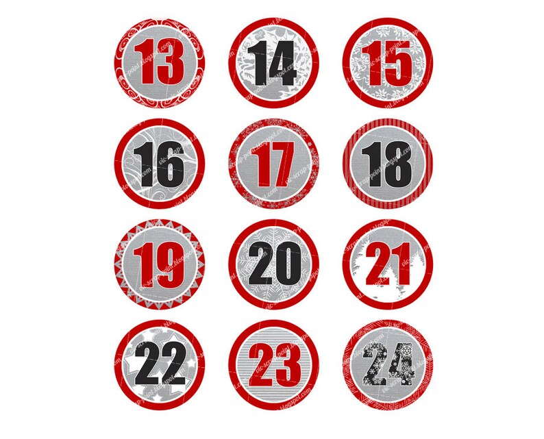 Printable DECEMBER DAILY NUMBERS: 2, 1.5 and 1 Inch Circles, Advent Calendar Rounds, Digital ...