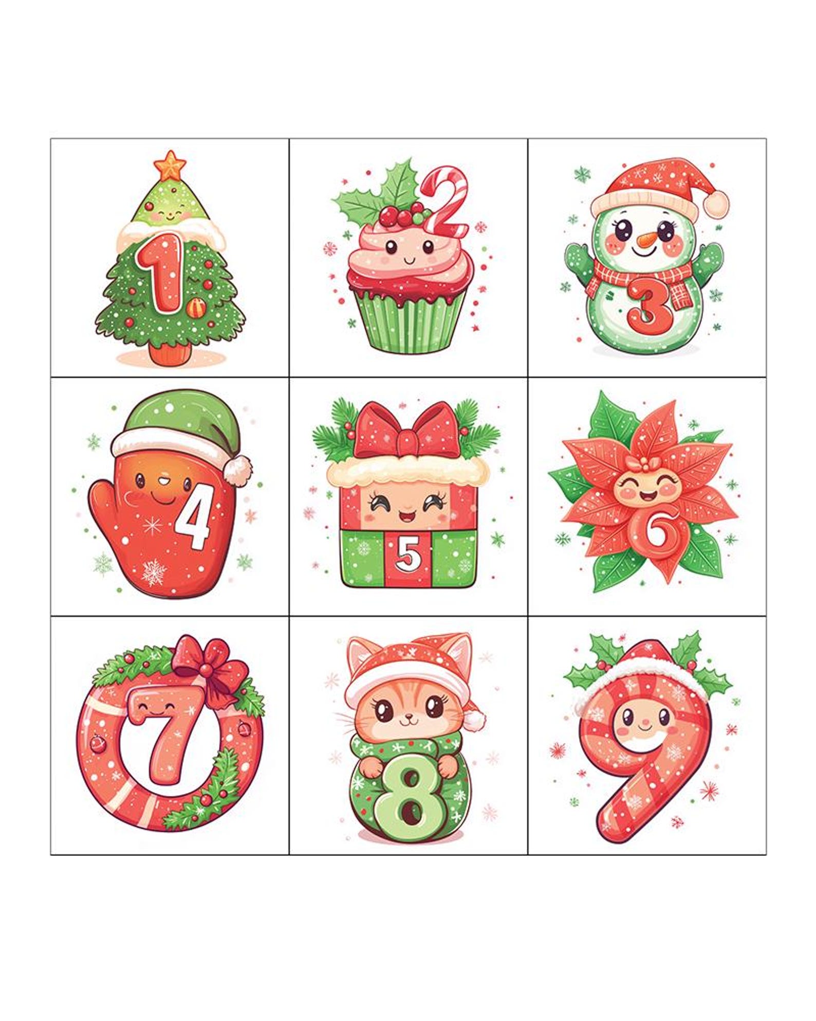 Printable Kawaii DECEMBER DAILY NUMBERS. Advent Calendar Numbers (2 ...