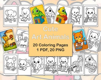 Printable Coloring Book. Cute Art Animals. Coloring Pages. Colouring Book for Kids. PDF, PNG. Adorable Animals Painting. @CuteCartoonStudio