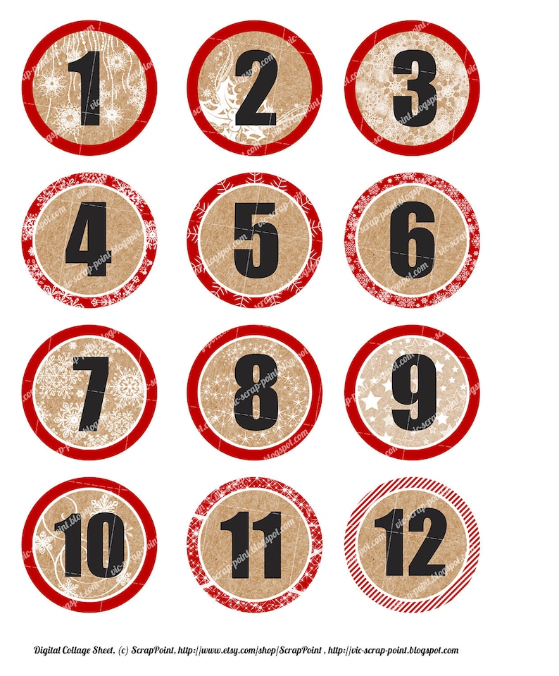 Printable DECEMBER DAILY NUMBERS 1 and 2 Inch Circles Advent | Etsy