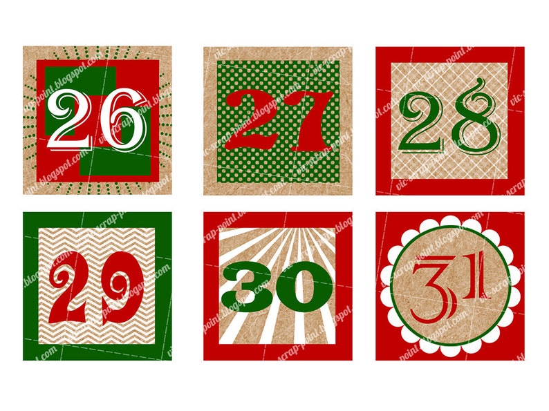Printable DECEMBER DAILY NUMBERS 1, 1.5 and 2 Inch Squares Advent Calendar. Instant Download ...