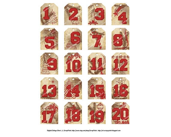 printable vintage december daily numbers tags 2 sizes etsy