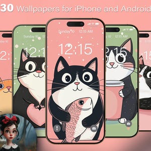 May include: A collection of five smartphone wallpapers featuring cartoon cats in various poses. The wallpapers have a pink, green, and white color scheme. The text "30 Wallpapers for iPhone and Android" is at the top. Each phone displays the time as 12:15 AM.