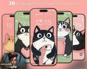 30 Wallpapers for iPhone and Android Smartphones. Weird Cats. Cute Cartoon. Set #1