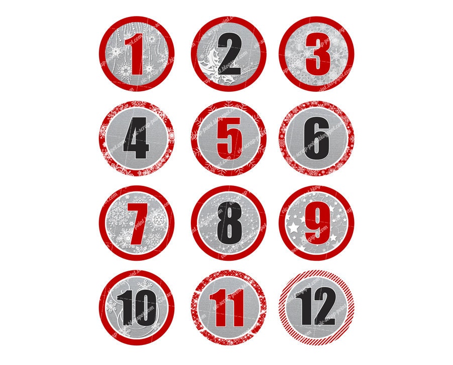 Printable DECEMBER DAILY NUMBERS: 2, 1.5 and 1 Inch Circles, Advent Calendar Rounds, Digital ...