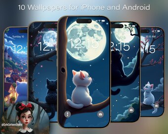 10 Cute Night Cat Cartoon Wallpapers for iPhone and Android Smartphones. Set #1