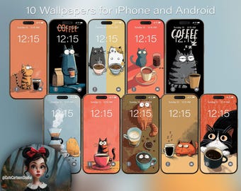 10 Cats and Coffee Cartoon Wallpapers for iPhone and Android Smartphones. Cute. Set #1