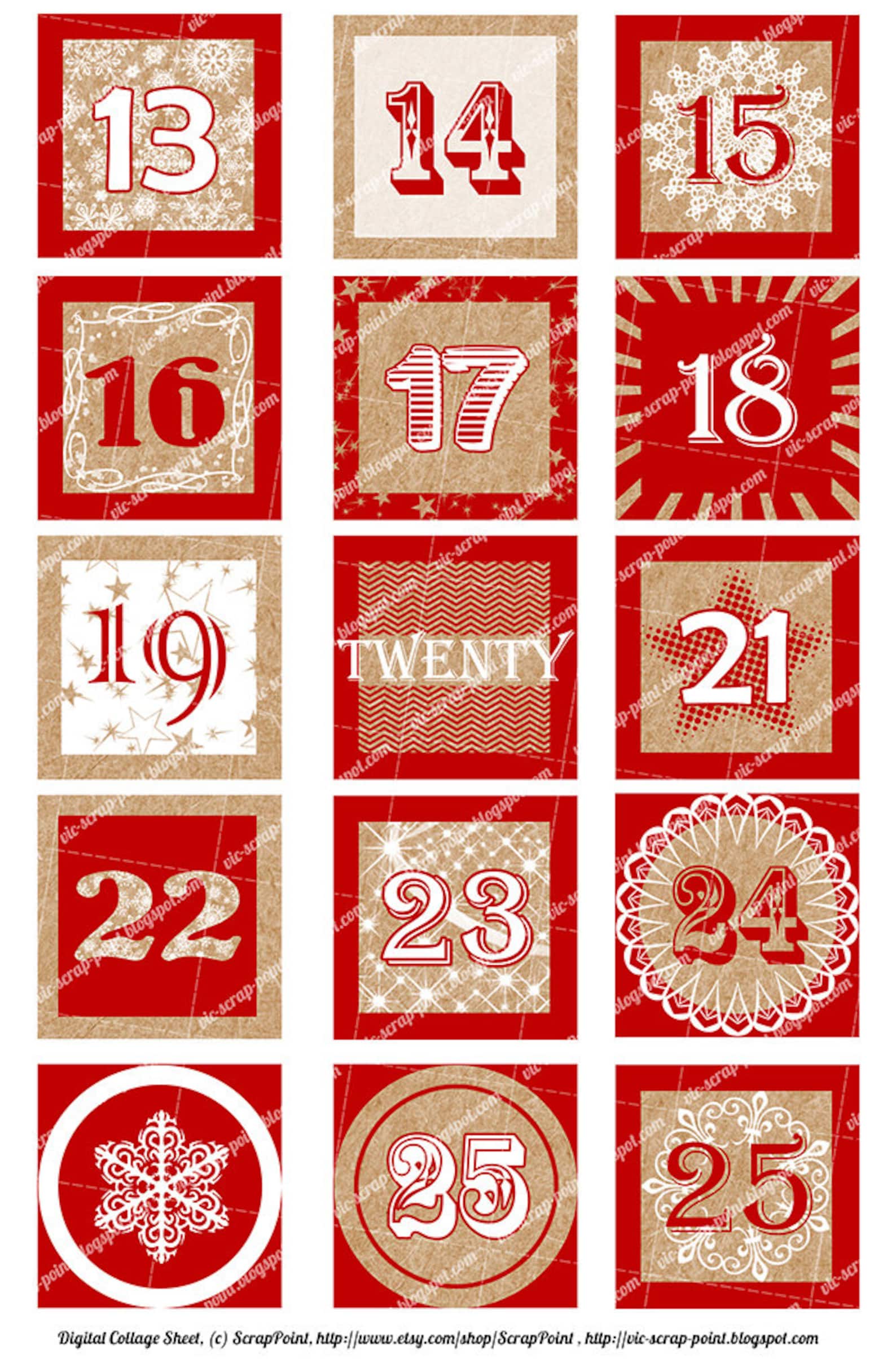 Printable DECEMBER DAILY NUMBERS Red 3, 2, 1.5 or 1 Inch, Advent Calendar. Instant Download ...