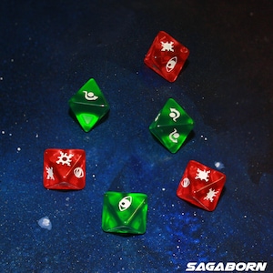 May include: Six dice, three red and three green, with white symbols on each face. The dice are on a dark blue background with white speckles.
