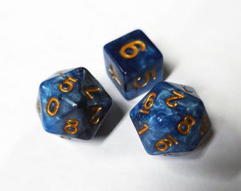 Icosaedro D10 x2 (d10 de veinte caras) y un d6: Remolino azul oscuro compatible con Draw Steel