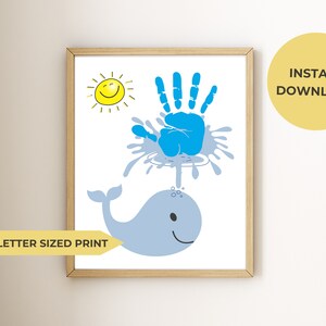Arte de pared imprimible, póster de huella de mano de niño, impresión digital de ballena tamaño A4/carta de EE. UU., personalizable