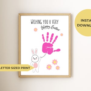 Regalo de Pascua imprimible, póster con huella de mano de niño, conejito, impresión digital tamaño A4/carta de EE. UU., personalizable