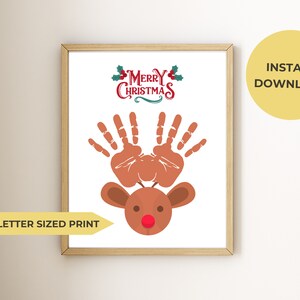 Regalo de Navidad imprimible, póster de huella de mano de niño, reno, impresión digital tamaño A4/carta de EE. UU., personalizable