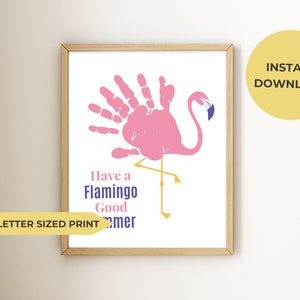 Regalo imprimible, póster con la huella de la mano de un niño, "Me encanta el flamenco de verano", impresión digital tamaño A4/carta de EE. UU., manualidad personalizable para vacaciones de verano.
