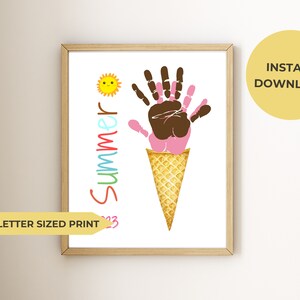 Regalo imprimible, póster con la huella de la mano de un niño, "Me encanta el helado de verano", impresión digital tamaño carta A4/EE. UU., manualidad personalizable para vacaciones de verano.