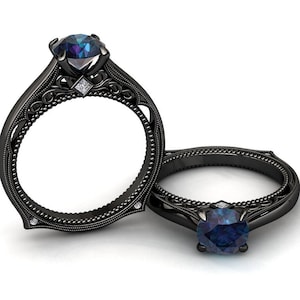 Alexandrite Solitaire Ring, Alexandrite Engagement Ring, Unique Engagement Ring, Alexandrite Anniversary Ring, Black Gold Engagement Ring