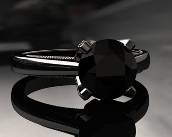 Black Diamond Ring Natural 1.00CT AAA Quality Black Diamond Engagement Ring 14k or 18k Black Gold Matching Wedding Band Available W3BKDBK