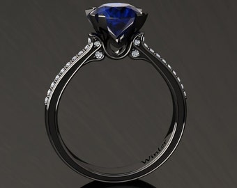 Blue Sapphire Ring 1.50 Carat Blue Sapphire And Diamond Ring In 14k or 18k Black Gold. Matching Wedding Band Available W18BUBK