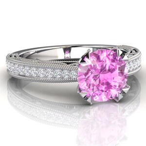Anel de noivado de safira rosa, pedras de diamante de qualidade natural VS, ouro branco 14k ou 18k, conjunto de casamento, anel de aniversário de safira rosa