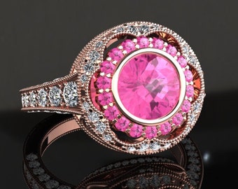 Pink Sapphire Victorian Design Ring 1.50 Carat Pink Sapphire And Diamond Ring In 14k or 18k Rose Gold Style Number  W33PKR