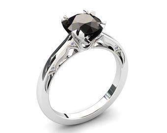 Black Diamond Solitaire Ring 1.00 Carat Natural Black Diamond Engagement Ring In 14k or 18k White Gold. Wedding Set Available W22BKDW