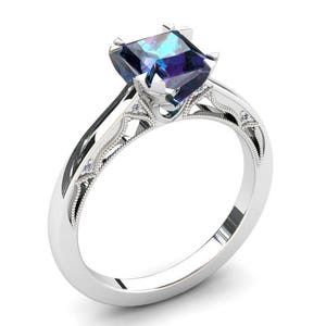 Alexandrite White Gold Ring 1.35 Carat Princess Cut Alexandrite And Diamond Ring 14k or 18k White Gold. Wedding Band Available W29ALEXW