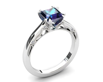 Alexandrite White Gold Ring 1.35 Carat Princess Cut Alexandrite And Diamond Ring 14k or 18k White Gold. Wedding Band Available W29ALEXW