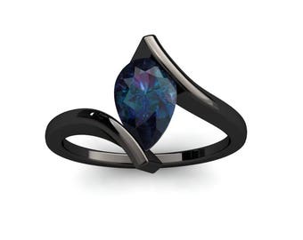 Alexandrite Ring 1.00 Carat Color Change Pear Shape Alexandrite Bypass Ring In 14k or 18k Black Gold CF10ALEXBK
