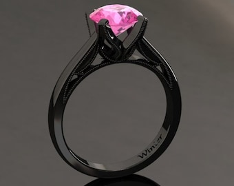 Pink Sapphire Solitaire Ring 1.50 Carat Pink Sapphire Ring In 14k or 18k Black Gold. Matching Wedding Band Available W3PKBK