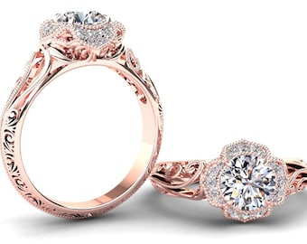 Moissanite Engagement Ring Forever One 1.00 Carat Moissanite And Diamond Halo Engagement Ring 14k or 18k Rose Gold WH2MOISR