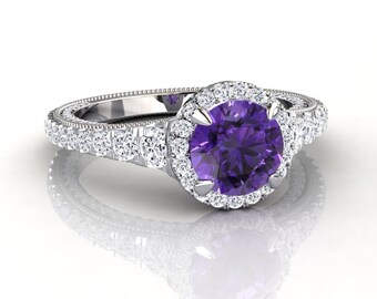 Amethyst Halo Engagement Ring, Pave Set Natural Diamond Accent Stones, Unique And Modern Gemstone Engagement Ring In 14k or 18k White Gold
