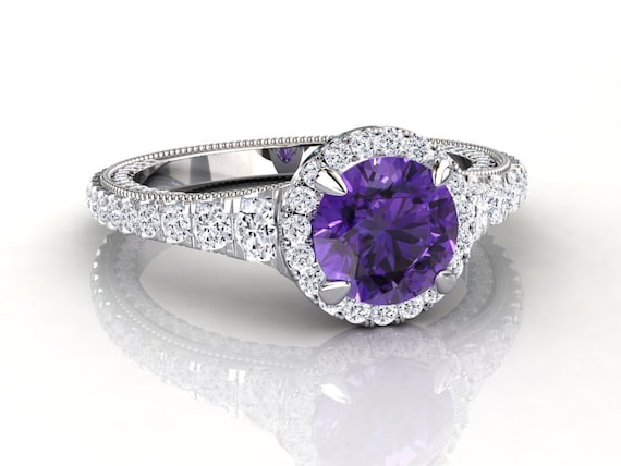 Amethyst Halo Engagement Ring Pave Set Natural Diamond Accent