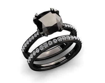 Black Diamond Ring Cushion Cut Carat Natural Black Diamond Ring In 14k  or 18k Black Matching Wedding Band Available W26BKB