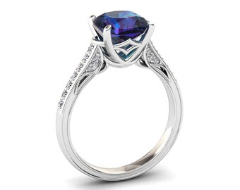 Alexandrite Ring Cushion Cut 3.10 Carat Alexandrite And Diamond Ring 14k or 18k White Gold. Wedding Band Available CF8ALEXW