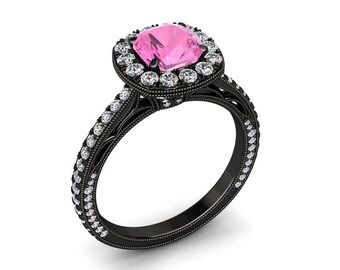 Pink Sapphire Ring 1.20 Carat Cushion Cut Pink Sapphire And Diamond Ring In 14k or 18k Black Gold. Matching Wedding Band Available SW6PKBK