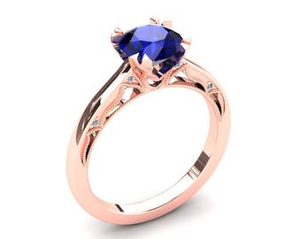 Blue Sapphire Ring Solitaire 1.50 Carat Blue Sapphire Engagement Ring In 14k or 18k Rose Gold. Matching Wedding Band Available W22BUR