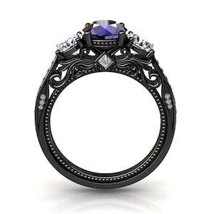 Victorian Blue Sapphire Engagement Ring Blue Sapphire And Moissanite Engagement Ring 14k or 18k Black Gold Blue Sapphire Anniversary Ring