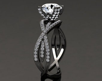 Black Gold Victorian Forever One 1.00 Carat Moissanite And Diamond Engagement Ring 14k or 18k Black Gold SW4MOISBK