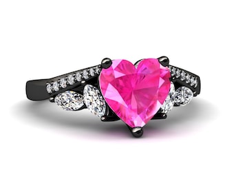 Pink Sapphire Ring 1.00 Carat Heart Shape Pink Sapphire And Diamond Ring 14k or 18k Black Gold. Style Number DH9PKBK